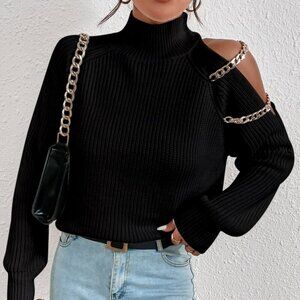 Black Casual Women's Mock Neck Long  Sleeve Chain Cut Out Sweater